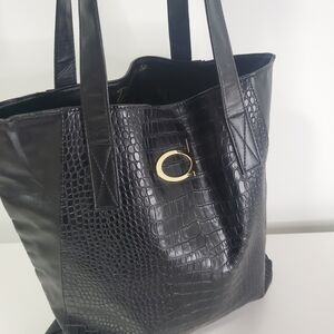 Dynamite Black Croc-Patterned Tote with Gold Accent